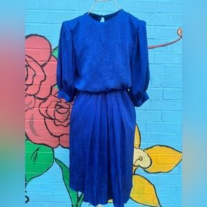 Vintage 1980’s Electric Blue Paisley Jacquard Midi Dress - Small